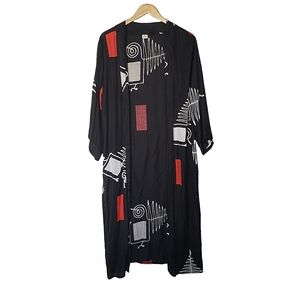 Cardigan Open Front Long Black Red White Abstract Print Lightweight One Size